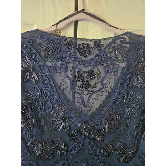 SUE WONG 3/4 Sleeve V-Neck Embellished Dress, Navy Tonal, Women's 6 NWT - Picture 6 of 10